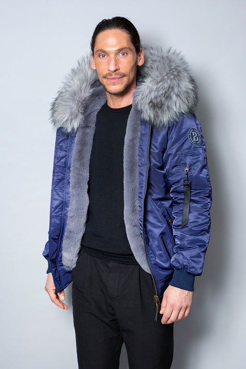 Mens Real Look Faux Fur Bomber Jacket with Grey Lining