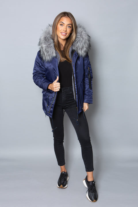 Womens Real Look Faux Fur Parka with Grey Faux Fur