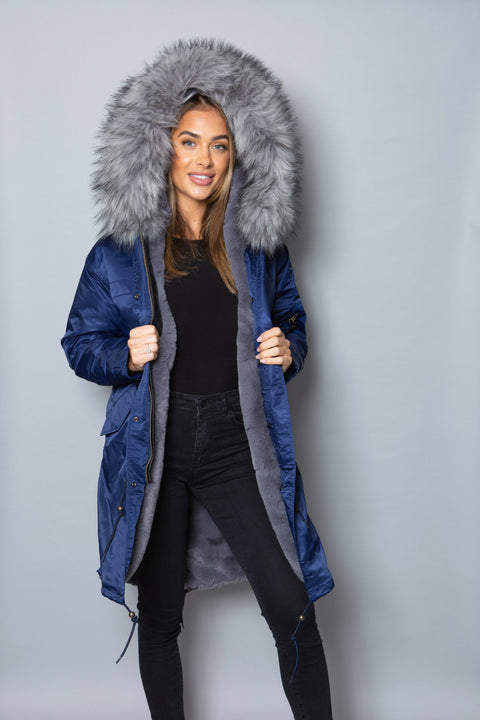 Womens Real Look Faux Fur Collar Parka Jacket with Grey Faux Fur Lining 3/4