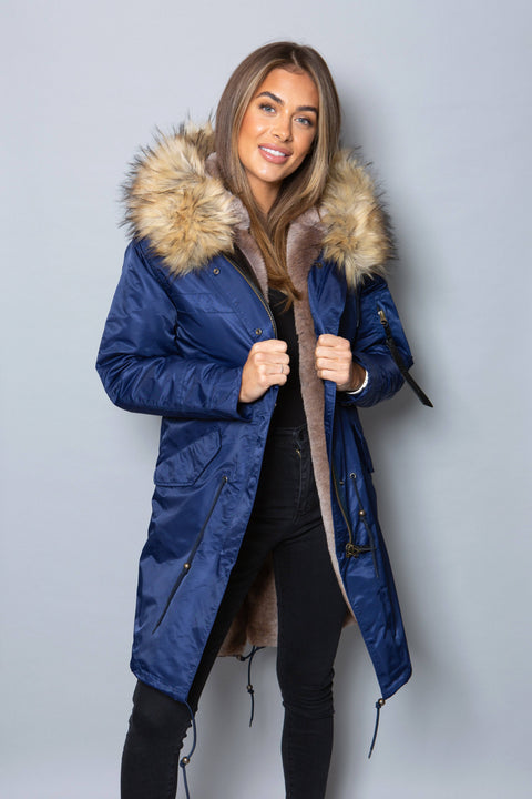 Womens Real Look Faux Fur Collar Parka Jacket with Natural Faux Fur Lining 3/4