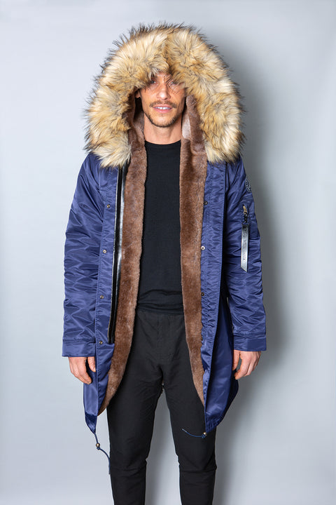 Mens Real Look Faux Fur Collar Parka Jacket with Natural Lining 3/4