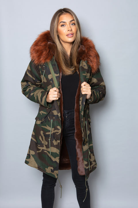 Womens Real Look Faux Fur Collar Parka Jacket with Brown Faux Fur Lining 3/4