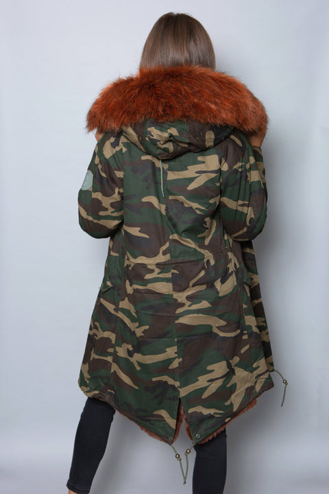 Sale Womens Real Look Faux Fur Collar Parka Jacket with Brown Faux Fur Lining 3/4 - Bobbi Parka