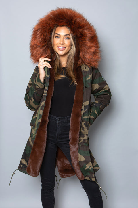Womens Real Look Faux Fur Collar Parka Jacket with Brown Faux Fur Lining 3/4