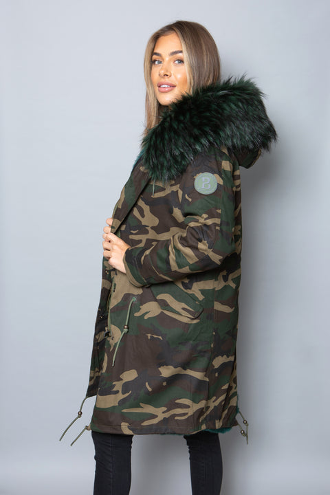 Womens Real Look Faux Fur Collar Parka Jacket with Green Faux Fur Lining 3/4
