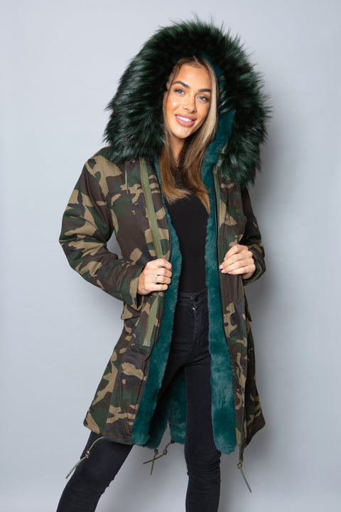 Sale Womens Real Look Faux Fur Collar Parka Jacket with Green Faux Fur Lining 3/4