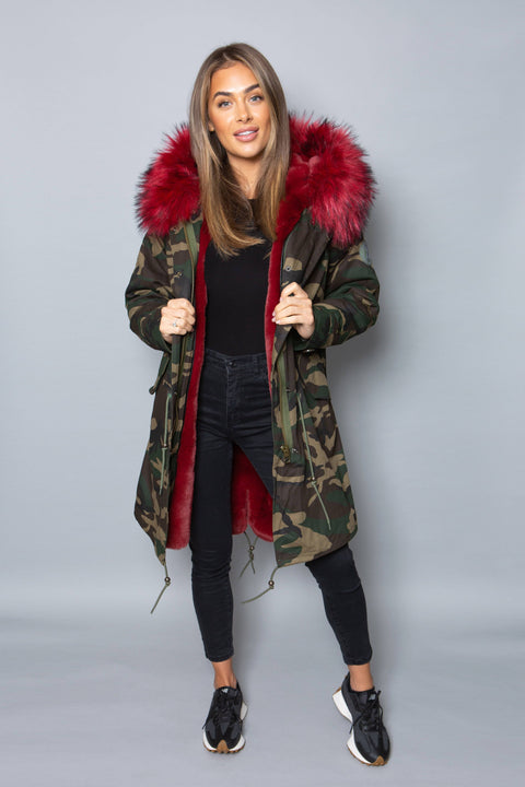 Womens Real Look Faux Fur Collar Parka Jacket with Red Faux Fur Lining 3/4