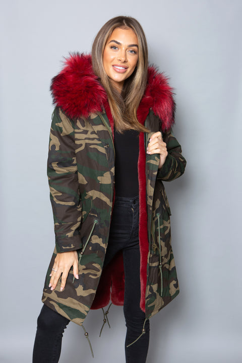 Womens Real Look Faux Fur Collar Parka Jacket with Red Faux Fur Lining 3/4