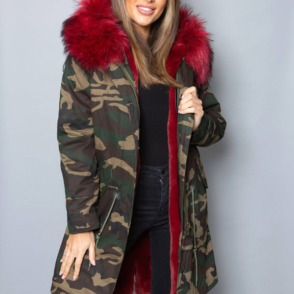 Womens Real Look Faux Fur Collar Parka Jacket with Red Faux Fur Lining Bobbi Parka