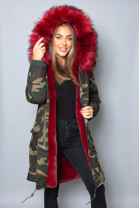 Womens Real Look Faux Fur Collar Parka Jacket with Red Faux Fur Lining 3/4