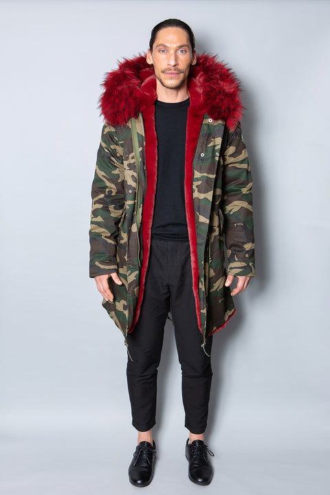 Mens Real Look Faux Fur Collar Parka Jacket with Red Lining 3/4