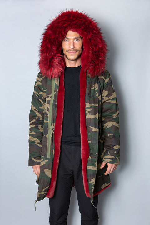 Mens Real Look Faux Fur Collar Parka Jacket with Red Lining 3/4