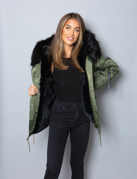 Womens Real Look Faux Fur Parka with Black Faux Fur