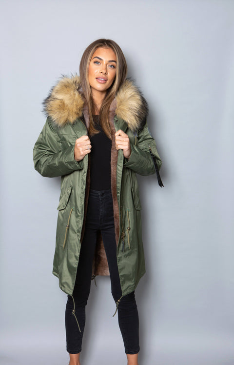 Womens Real Look Faux Fur Collar Parka Jacket with Natural Faux Fur Lining 3/4