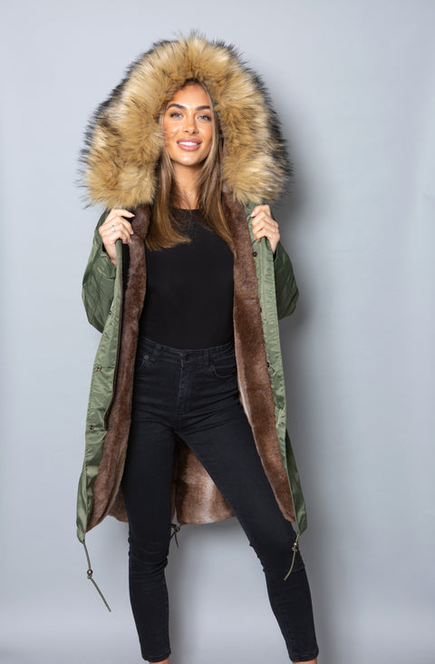 Sale Womens Real Look Faux Fur Collar Parka Jacket with Natural Faux Fur Lining 3/4