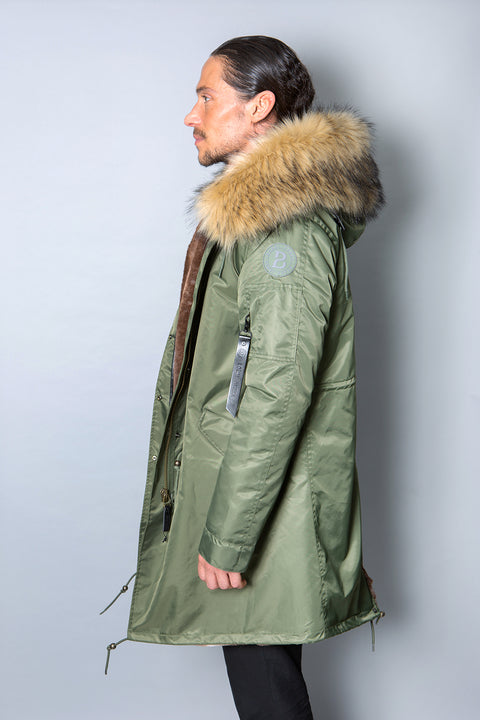 Mens Real Look Faux Fur Collar Parka Jacket with Natural Lining 3/4