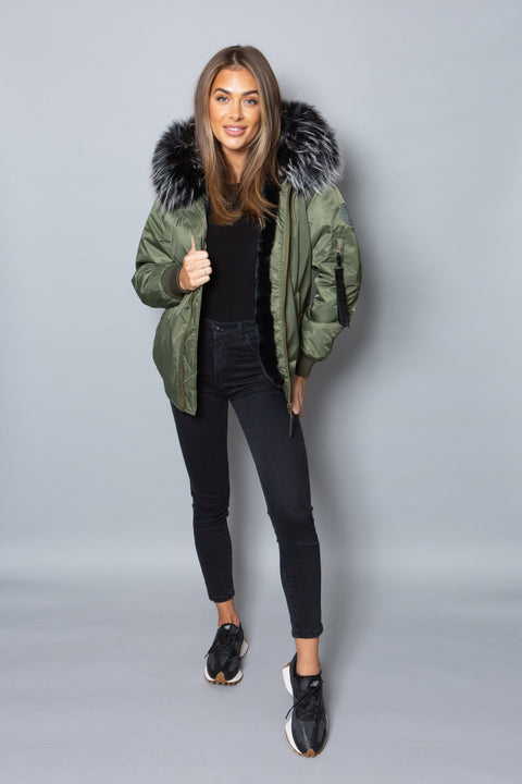 Womens Real Look Faux Fur Bomber with Black Faux Fur - Bobbi Parka