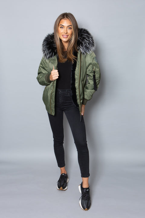 Womens Real Look Faux Fur Bomber with Black Faux Fur