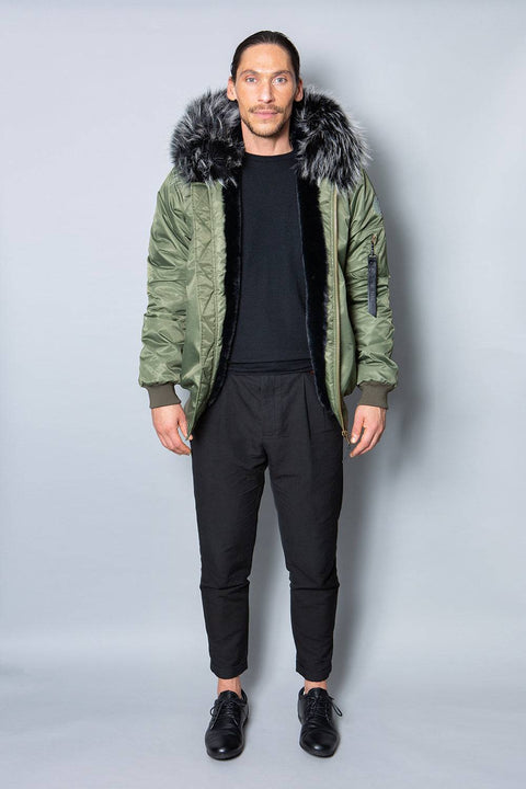 Mens Real Look Faux Fur Bomber Jacket with Black Lining