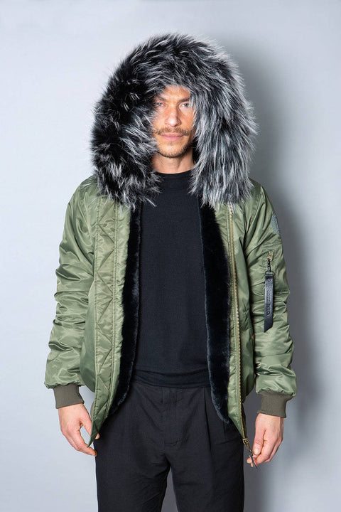 Mens Real Look Faux Fur Bomber Jacket with Black Lining