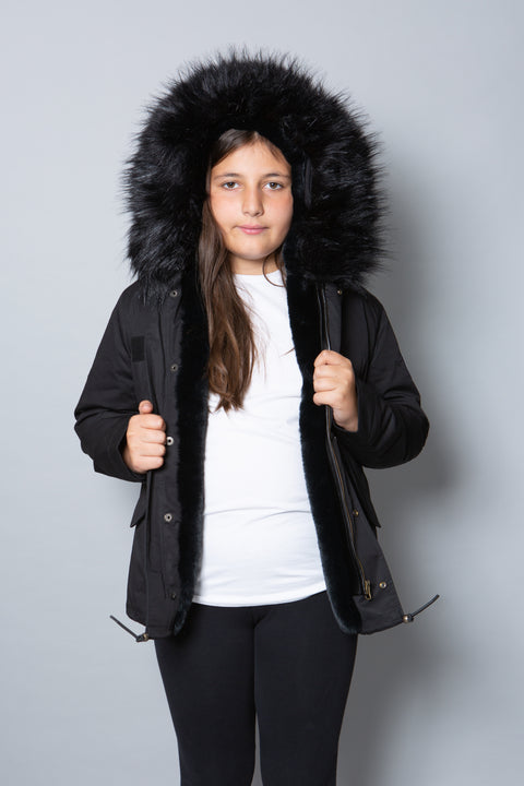 Kids Faux Fur Collar Parka Jacket with Black Faux Fur
