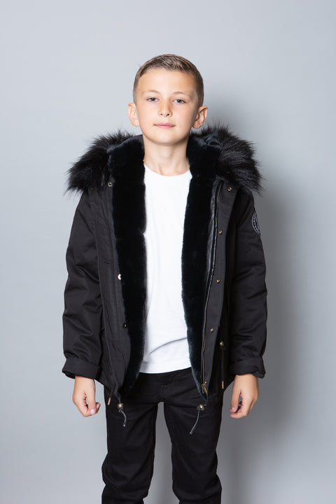 Kids Faux Fur Collar Parka Jacket with Black Faux Fur