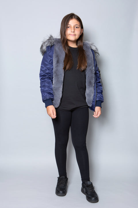Kids Faux Fur Collar Bomber Jacket with Grey Faux Fur