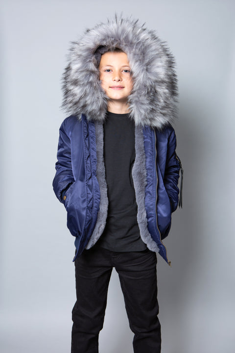 Kids Faux Fur Collar Bomber Jacket with Black Faux Fur