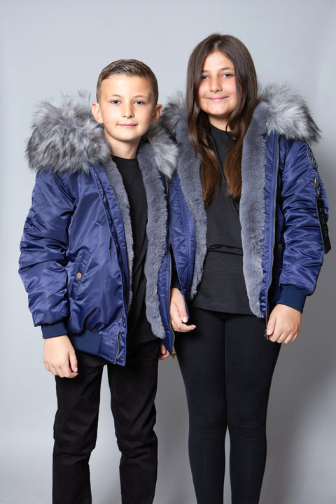 Kids Faux Fur Collar Bomber Jacket with Grey Faux Fur
