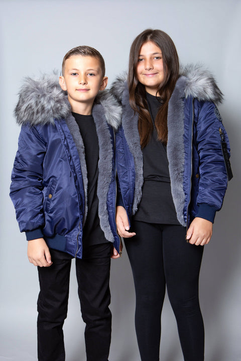 Kids Faux Fur Collar Bomber Jacket with Grey Faux Fur