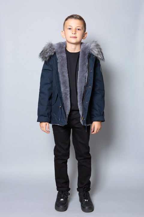 Kids Faux Fur Collar Parka Jacket with Grey Faux Fur