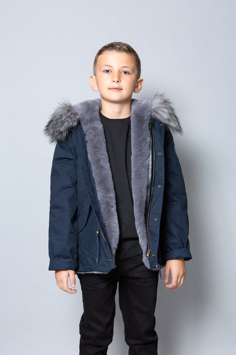 Kids Faux Fur Collar Parka Jacket with Grey Faux Fur