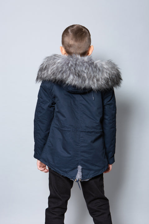 Kids Faux Fur Collar Parka Jacket with Grey Faux Fur