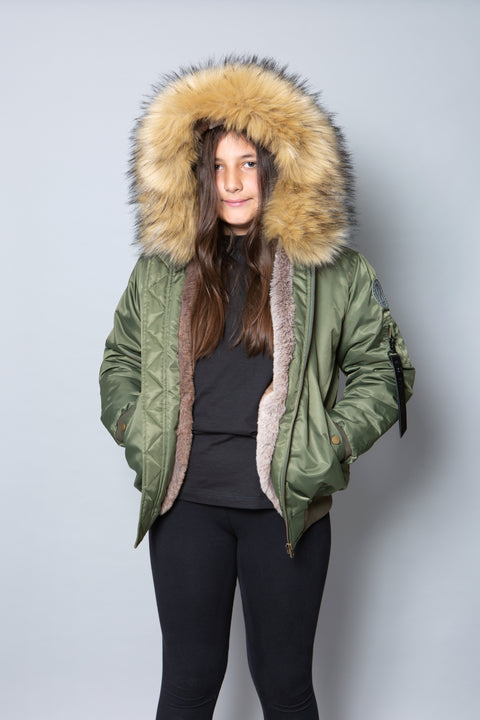 Kids Faux Fur Collar Bomber Jacket with Natural Faux Fur