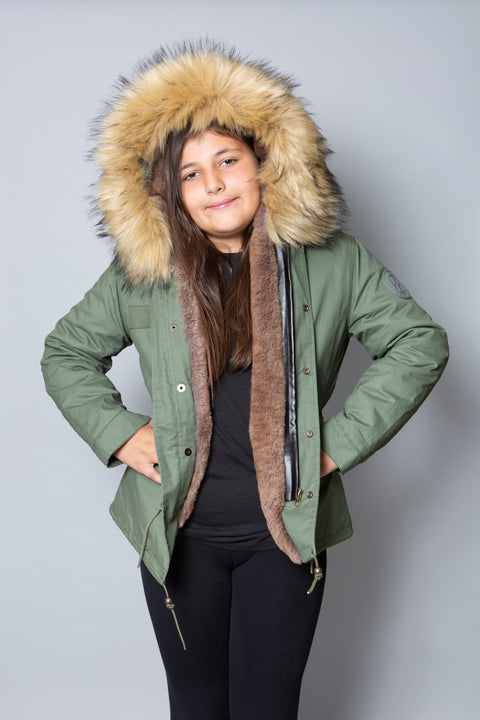 Kids Faux Fur Collar Parka Jacket with Natural Faux Fur