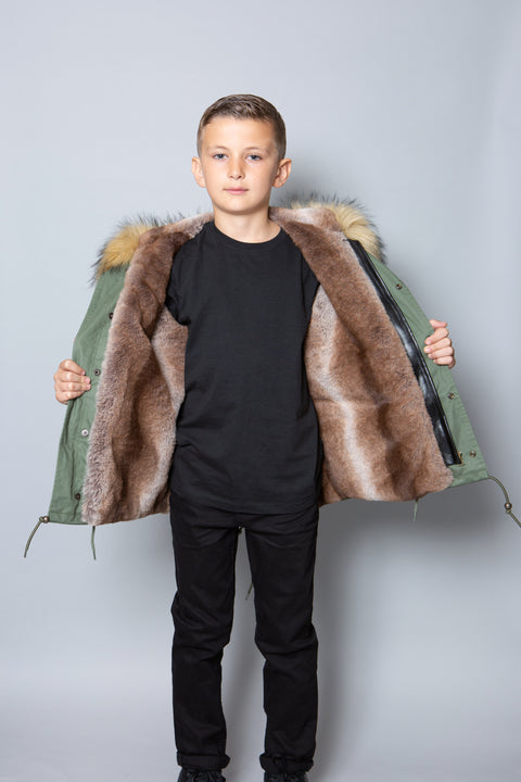 Kids Faux Fur Collar Parka Jacket with Natural Faux Fur