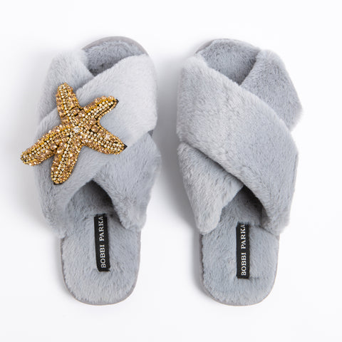 Bobbi Parka fluffy faux fur slippers with a crystal gold starfish brooch
