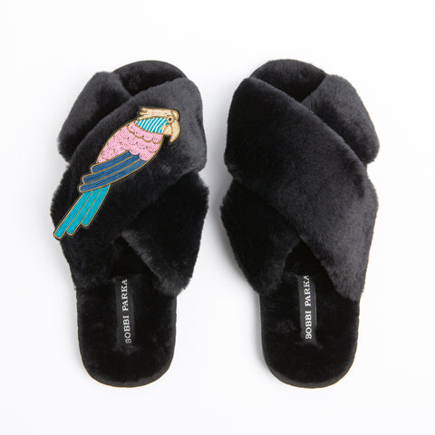 Bobbi Parka fluffy faux fur slippers with a crystal parrot brooch