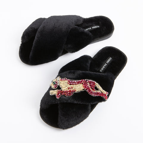 Bobbi Parka fluffy faux fur slippers with a panther brooch