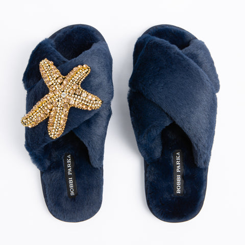 Bobbi Parka fluffy faux fur slippers with a crystal gold starfish brooch