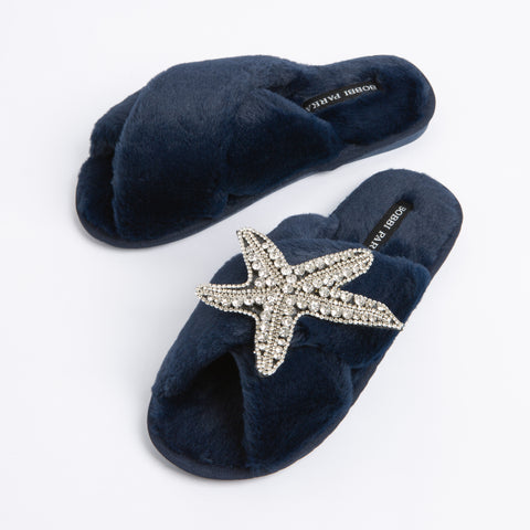 Bobbi Parka fluffy faux fur slippers with a crystal silver starfish brooch