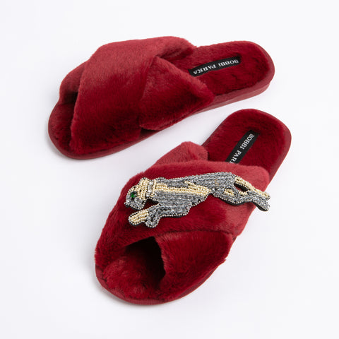 Bobbi Parka fluffy faux fur slippers with a panther brooch