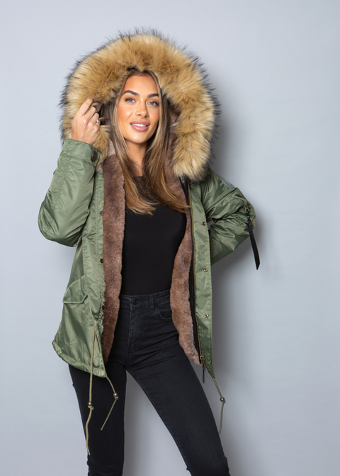 Womens Real Look Faux Fur Parka with Natural Faux Fur