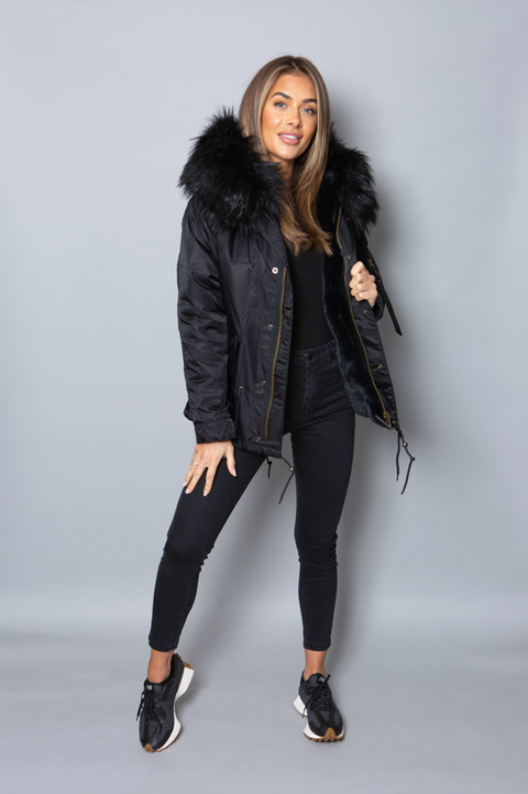 Womens Real Look Faux Fur Parka with Black Faux Fur