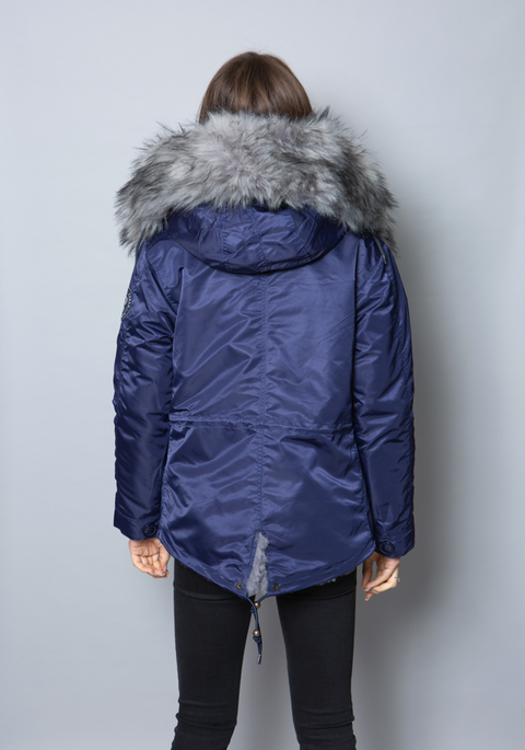 Womens Real Look Faux Fur Parka with Grey Faux Fur