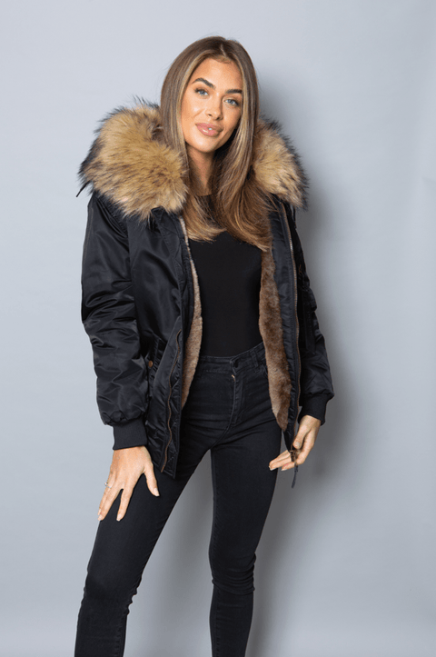 Womens bomber jacket top with faux fur hood