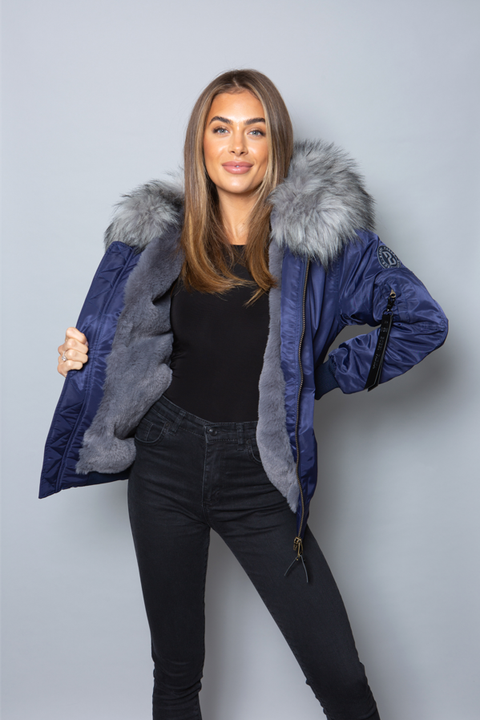 Womens Real Look Faux Fur Bomber with Grey Faux Fur