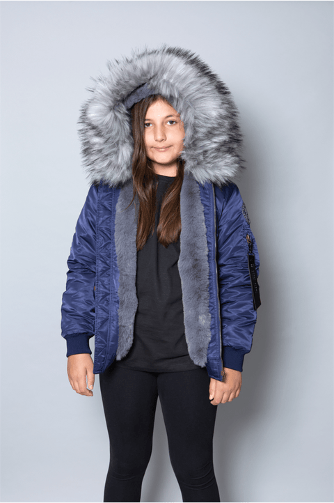 Kids Faux Fur Collar Bomber Jacket with Grey Faux Fur