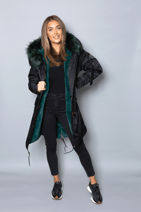 Womens Real Look Faux Fur Collar Parka Jacket with Green Faux Fur Lining 3/4