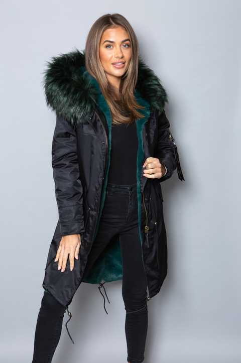 Womens Real Look Faux Fur Collar Parka Jacket with Green Faux Fur